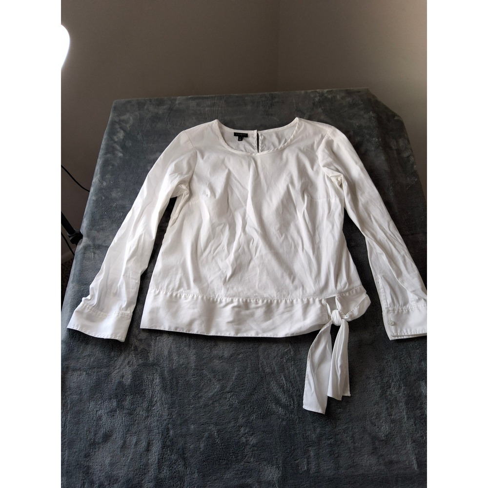 Talbots Womens White Side Tie Long Sleeve Blouse Crew Neck Size‎ S Cotton Blend